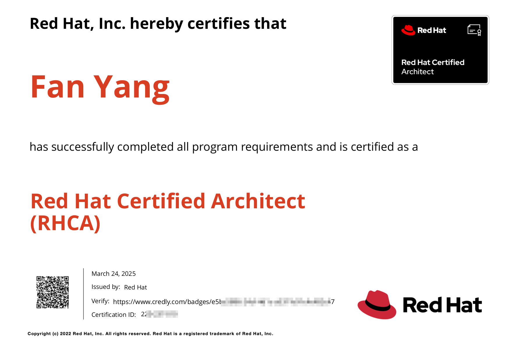红帽认证架构师(RHCA)证书